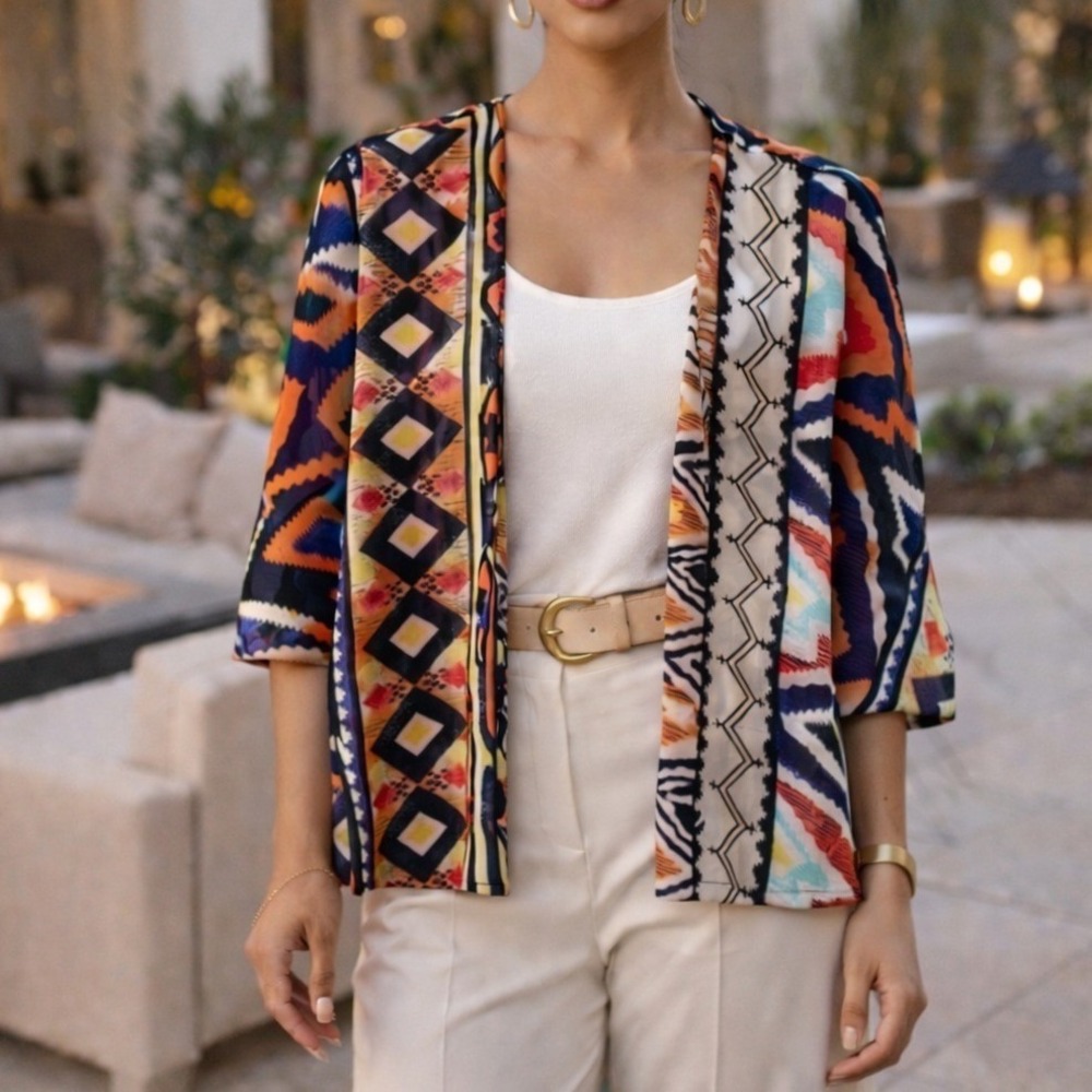 Cato Open Front Kimono Cardigan Semi Sheer Multicolor Boho Tribal Womens Size S